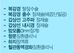 -복강경 탈장수술
                        -복강경 충수 절제술(배꼽단일공)
                        -갑상선 고주파 절제술
                        -갑상선 내시경 절제술
                        -맘모톰(3mm절개)
                        -항문 질환 클리닉
                        -하지 정맥류
                        -혈관 동맥경화 질환 클리닉