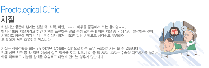 치질이란 항문에 생기는 질환 즉, 치핵, 치열, 그리고 치루를 통칭해서 쓰는 용어입니다. 하지만 보통 치질이라고 하면 치핵을 표현하는 말로 흔히 쓰이는데 이는 치질 중 가장 많이 발생하는 것이 치핵이고 항문에 피가 나거나 덩어리가 빠져 나오면 일단 치핵으로 생각해도 무방하여 두 용어가 서로 혼용되고 있습니다. 

치질은 직립생활을 하는 인간에게만 발생하는 질환으로 다른 포유 동물에게서는 볼 수 없습니다. 전체 성인 인구 중 약 절반 이상이 항문 질환을 갖고 있으며 이 중 약 30%~40%는 수술적 치료시기를 놓쳐서 약물 치료로도 가능한 상태를 수술로도 어렵게 만드는 경우가 많습니다.   